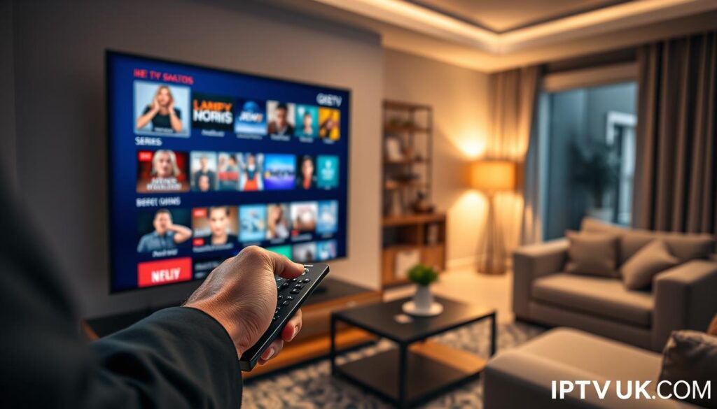 A sleek and modern GSE Smart IPTV interface displayed on a high-resolution flat-screen TV, showcasing vibrant thumbnails of various channels, movies, and series. In the foreground, a user interacts with the IPTV remote, their hand poised over the buttons, dressed in smart casual attire. The middle ground features a stylish living room setup, with comfortable seating and soft lighting creating a cozy atmosphere. In the background, a warm, inviting ambiance is enhanced by tasteful decor. Soft light casts gentle shadows, emphasizing the interface’s colors and details. The image should evoke a sense of modernity and efficiency, perfect for illustrating the use of GSE IPTV effectively. Include the brand name "IPTVVUK.COM" subtly in the interface design.