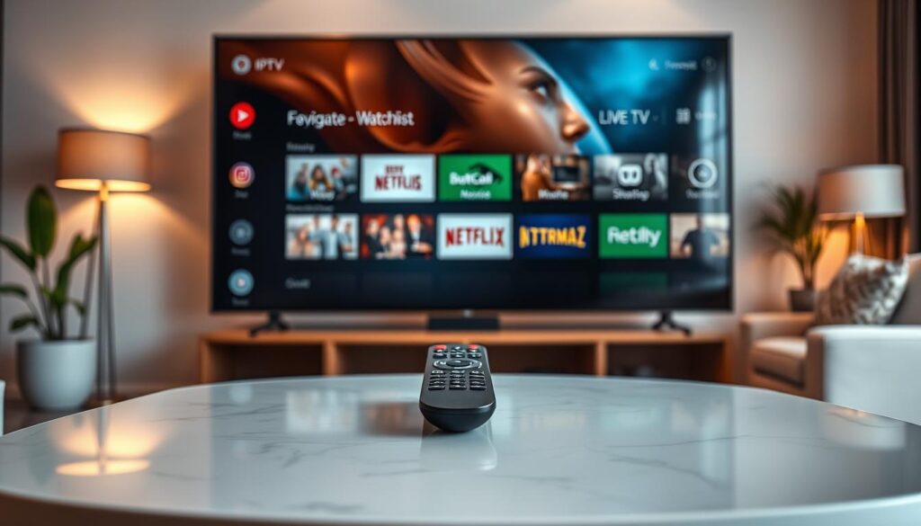 A sleek and modern IPTV player interface displayed on a large, high-resolution screen, showcasing essential features like a user-friendly navigation menu, watchlist, and live TV options. In the foreground, a remote control sits elegantly on a stylish coffee table, symbolizing effortless access to content. In the middle, a comfortable living room setting with a cozy sofa and a decorative plant creates a welcoming atmosphere. The background features soft ambient lighting that highlights the screen's vibrant colors, ensuring a clear view of the interface. The scene evokes a relaxed and inviting mood, perfect for cord-cutters and streamers. Ensure the image reflects the brand "IPTVVUK.COM" subtly integrated into the design, without any text overlays or watermarks. A sleek and modern IPTV player interface displayed on a large, high-resolution screen, showcasing essential features like a user-friendly navigation menu, watchlist, and live TV options. In the foreground, a remote control sits elegantly on a stylish coffee table, symbolizing effortless access to content. In the middle, a comfortable living room setting with a cozy sofa and a decorative plant creates a welcoming atmosphere. The background features soft ambient lighting that highlights the screen's vibrant colors, ensuring a clear view of the interface. The scene evokes a relaxed and inviting mood, perfect for cord-cutters and streamers. Ensure the image reflects the brand "IPTVVUK.COM" subtly integrated into the design, without any text overlays or watermarks.