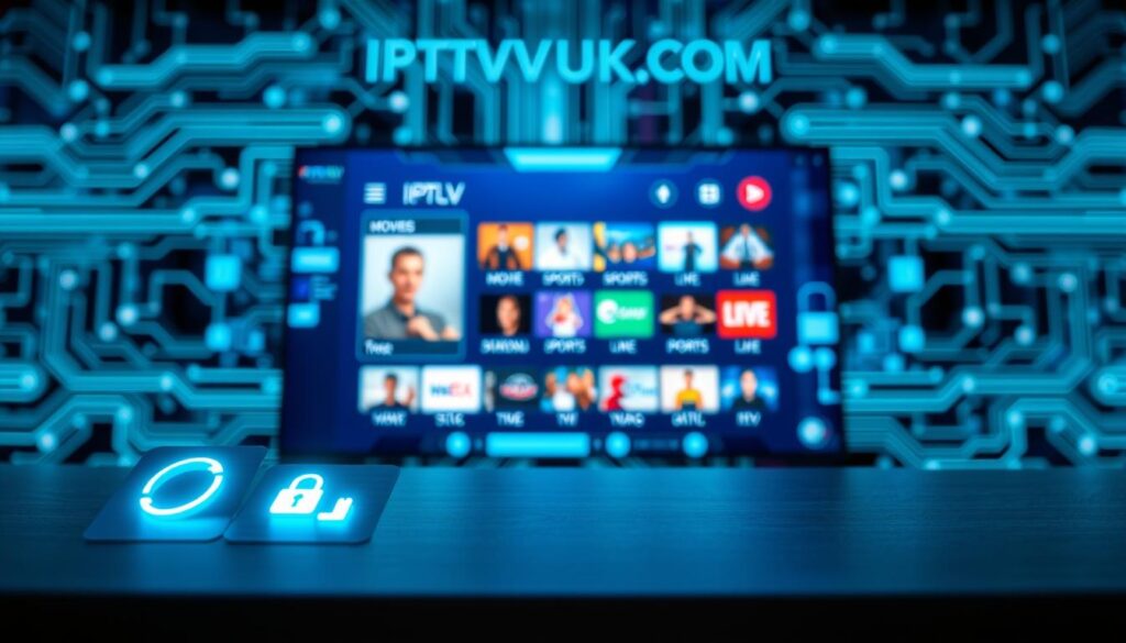 A sleek and modern digital interface showcasing "IPTVVUK.COM" and its advanced IPTV features. In the foreground, display interactive icons representing security options, including a shield symbol and lock, illuminated with soft blue and green glows. The middle layer features a vibrant screen displaying a variety of streaming categories such as movies, sports, and live TV, surrounded by sleek, futuristic design elements. In the background, a blurred, tech-inspired environment with abstract circuit patterns and digital motifs, conveying a sense of innovation and security. The lighting is bright, with a cool tone, highlighting the professional atmosphere. Capture this scene from a slightly elevated angle, creating depth and an engaging perspective, evoking a sense of cutting-edge technology for streaming enthusiasts.