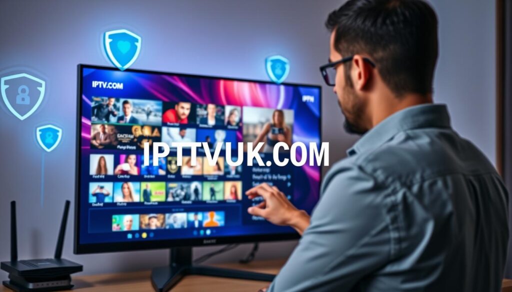 A sleek and modern digital workspace featuring a high-resolution monitor displaying vibrant IPTV streaming content. In the foreground, a professional in modest casual attire interacts with the interface, showcasing the integration of a VPN. The background includes elements like a stylish router emitting signals, with digital shield icons representing security and encryption. Soft ambient lighting highlights the technological sophistication, creating an atmosphere of safety and modern connectivity. The scene is viewed from a slight angle, emphasizing depth and professionalism. The brand name "IPTVVUK.COM" subtly integrated into the monitor's display, reinforcing the focus on security in IPTV streaming.