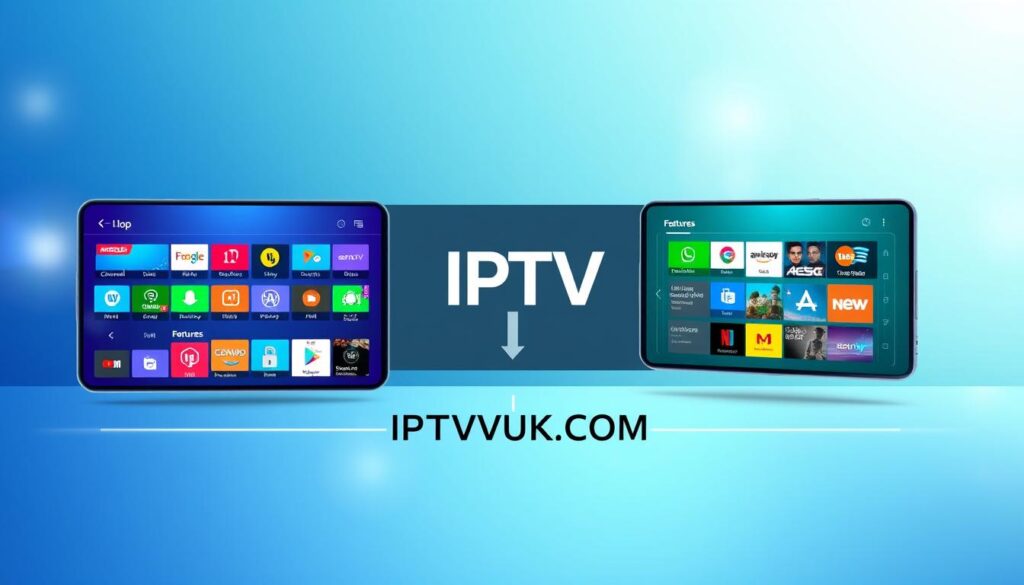 A sleek and modern illustration of an IPTV Android app comparison chart, featuring three distinct app interfaces displayed on large mobile screens. In the foreground, the screens should show vibrant UI designs, each representing a different top streaming service with colorful icons and user-friendly layouts. The middle ground includes subtle graphic elements like arrows and comparison bars to highlight features like channel variety, pricing, and usability, in a clean, professional style. The background features a gradient of calming blues and whites, creating a tech-savvy atmosphere, with soft lighting that adds depth to the scene. The composition is balanced and conveys a sense of innovation and reliability. Include the brand name "IPTVVUK.COM" prominently as part of the design, without any additional text or logos, ensuring a polished and informative visual.