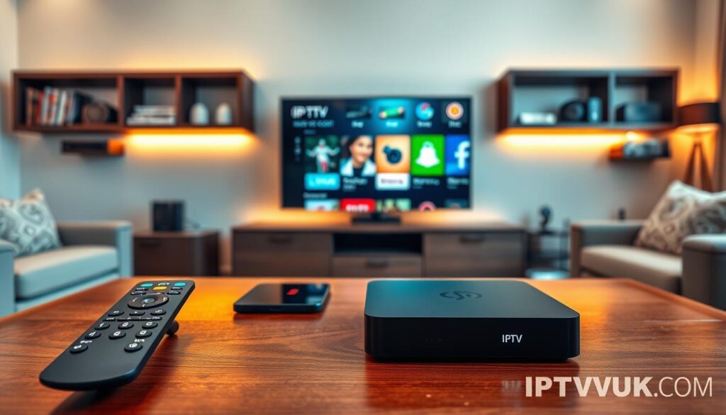 A sleek and modern living room featuring multiple devices compatible with IPTV technology, such as a smart TV, streaming box, tablet, and a smartphone. In the foreground, showcase a polished wooden coffee table with a remote control and an IPTV device prominently placed. The middle ground should highlight a stylish smart TV displaying various channel icons in vibrant colors. Behind the TV, a comfortable couch is adorned with cozy cushions, creating an inviting atmosphere. Soft, warm lighting fills the room, accentuating the tech-friendly environment. A wall-mounted bookshelf with tech magazines and gadgets adds depth to the scene. Capture the image from a slightly elevated angle to include the entire setup, evoking a contemporary and knowledgeable vibe associated with IPTVVUK.COM. A sleek and modern living room featuring multiple devices compatible with IPTV technology, such as a smart TV, streaming box, tablet, and a smartphone. In the foreground, showcase a polished wooden coffee table with a remote control and an IPTV device prominently placed. The middle ground should highlight a stylish smart TV displaying various channel icons in vibrant colors. Behind the TV, a comfortable couch is adorned with cozy cushions, creating an inviting atmosphere. Soft, warm lighting fills the room, accentuating the tech-friendly environment. A wall-mounted bookshelf with tech magazines and gadgets adds depth to the scene. Capture the image from a slightly elevated angle to include the entire setup, evoking a contemporary and knowledgeable vibe associated with IPTVVUK.COM.