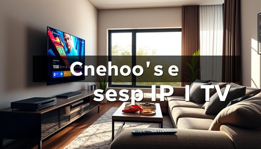 A sleek and modern living room setting represents optimal IPTV streaming quality. In the foreground, a contemporary television displays vibrant streaming content in high definition, showcasing rich colors and sharp detail. To the side, a stylish media console features an IPTV receiver labeled "IPTVVUK.COM." In the middle ground, a comfortable sofa with plush cushions invites viewers to relax, while a coffee table holds snacks and a remote control, emphasizing a cozy viewing experience. The background features a large window with natural light streaming in, creating a warm and inviting atmosphere. Soft shadows play across the room, enhancing the tranquility. The overall mood is engaging yet comfortable, ideal for showcasing an informative article about choosing IPTV services.