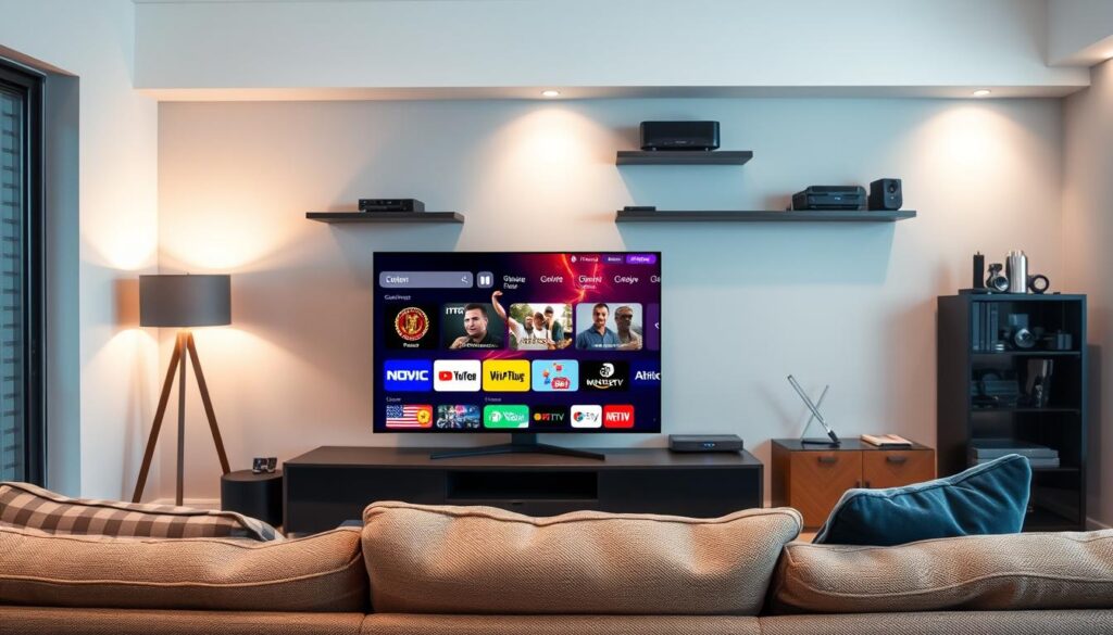A sleek and modern living room setting showcasing advanced IPTV features. In the foreground, a stylish flat-screen TV displays a vibrant user interface filled with various channel options and streaming categories. A cozy sofa with a neutral color palette is positioned in the middle of the room, inviting viewers to relax and enjoy entertainment. Soft, ambient lighting enhances the welcoming atmosphere, creating a sense of comfort and modernity. In the background, a wall-mounted shelf holds various multimedia devices, emphasizing the tech-savvy nature of Flix IPTV. The overall mood is inviting and contemporary, perfect for illustrating the innovative features of IPTVVUK.COM.