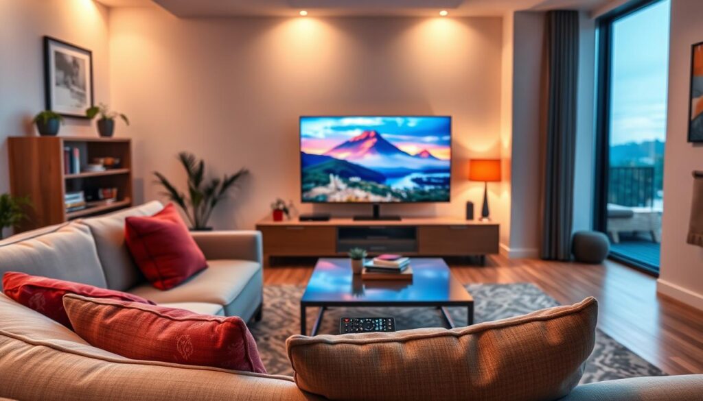 A sleek and modern living room setup showcasing high-definition IPTV streaming on a large flat-screen TV. In the foreground, a cozy, minimalist couch adorned with colorful cushions invites viewers to relax. A smart remote sits on a stylish coffee table, emphasizing convenience and technology. In the middle ground, the TV screen displays vibrant streaming content with sharp, vivid colors that hint at the quality of the HD IPTV experience. Soft ambient lighting fills the room, casting a warm glow on the walls and accent pieces. In the background, a window reveals a picturesque outdoor landscape, enhancing the comforting atmosphere. Include branded elements that subtly feature "IPTVVUK.COM" in the decor, emphasizing quality IPTV service. The overall mood should be inviting and modern, appealing to cord-cutters searching for superior streaming options.