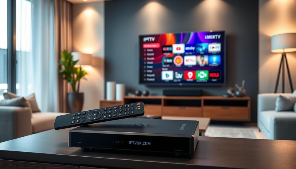 A sleek and modern living room showcasing a variety of IPTV devices arranged neatly on a stylish entertainment center. In the foreground, feature a high-definition IPTV set-top box with dynamic LED lights, and a remote control with ergonomic design. In the middle ground, include a smart television displaying a colorful IPTV interface, with streaming platforms visible. The background should feature soft, ambient lighting with a cozy atmosphere, accentuated by minimalistic décor and a comfortable sofa. Capture the scene with a wide-angle lens perspective, emphasizing a clean and tech-savvy environment. The overall mood should be inviting and informative, reflecting the modern home experience with IPTV technology. Incorporate the brand "IPTVVUK.COM" subtly into the design elements of the devices without text. A sleek and modern living room showcasing a variety of IPTV devices arranged neatly on a stylish entertainment center. In the foreground, feature a high-definition IPTV set-top box with dynamic LED lights, and a remote control with ergonomic design. In the middle ground, include a smart television displaying a colorful IPTV interface, with streaming platforms visible. The background should feature soft, ambient lighting with a cozy atmosphere, accentuated by minimalistic décor and a comfortable sofa. Capture the scene with a wide-angle lens perspective, emphasizing a clean and tech-savvy environment. The overall mood should be inviting and informative, reflecting the modern home experience with IPTV technology. Incorporate the brand "IPTVVUK.COM" subtly into the design elements of the devices without text.
