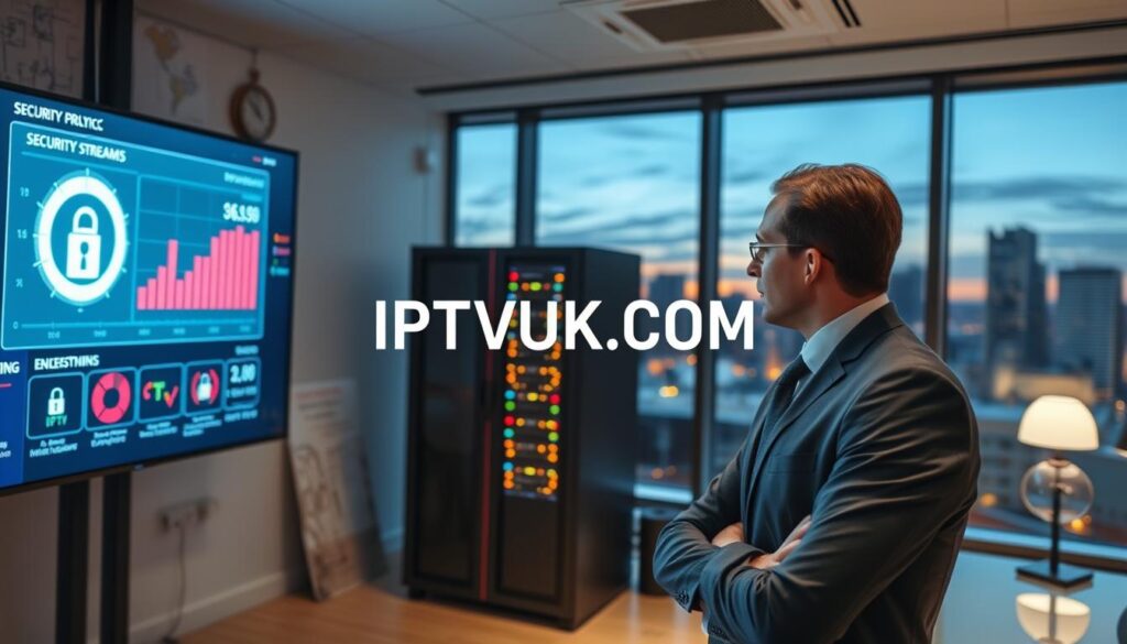 A sleek and modern office environment focused on IPTV security measures. In the foreground, a professional wearing smart business attire examines a large digital screen displaying security analytics for IPTV. In the middle, there’s a high-tech server rack with blinking lights, symbolizing data protection and encrypted streams. The background features a stylish workspace with blueprints, cybersecurity icons, and a window showing a city skyline at dusk, creating a tech-savvy atmosphere. Soft, ambient lighting enhances the mood, highlighting the focus on safety and compliance. The overall ambiance is one of professionalism, innovation, and security, perfect for illustrating the importance of legal considerations in IPTV services. The brand name "IPTVVUK.COM" subtly integrated in the digital screen display.