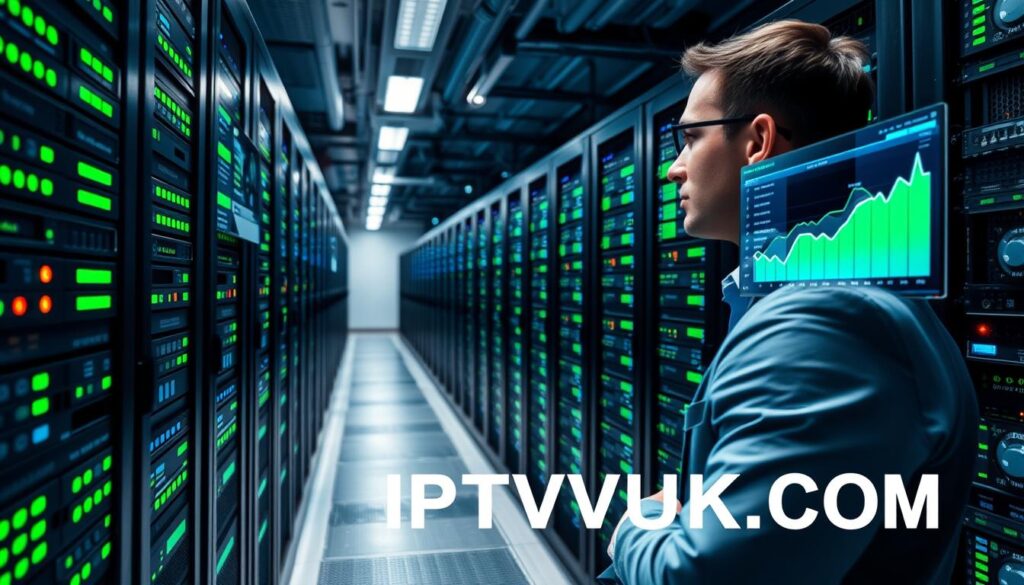 A sleek data center filled with high-performance servers, showcasing an array of LED indicator lights in vibrant green and blue hues, indicating active operation and optimal performance. In the foreground, a close-up view of a technician in professional business attire, intently monitoring server metrics on a multi-screen setup, displaying graphs of server reliability and performance stats. The middle ground features rows of advanced server racks with glowing interfaces, emphasizing cutting-edge technology. The background blends a soft focus of cooling units, creating a sense of precision engineering. The lighting is bright but cool, highlighting the high-tech environment. The overall atmosphere conveys reliability and efficiency, perfect for illustrating the concept of server performance associated with IPTVVUK.COM.