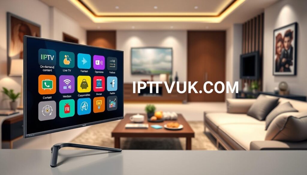 A sleek digital interface showcasing IPTV streaming features prominently displayed on a modern monitor in the foreground. The screen highlights features like "live TV," "on-demand content," and "multi-device compatibility" using colorful, dynamic icons. In the middle ground, a stylish living room setting with cozy furniture and a coffee table featuring a remote and snacks suggests a comfortable viewing experience. The background consists of a softly lit entertainment area adorned with subtle tech decor. Use bright, inviting lighting to create a welcoming atmosphere, captured from a slightly elevated angle to enhance depth. Include the brand name "IPTVVUK.COM" subtly integrated into the interface design, maintaining a professional and polished look.