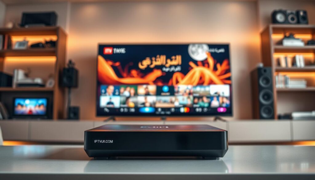 A sleek layout showcasing modern IPTV devices essential for streaming Arabic TV, prominently featuring a stylish IPTV box from IPTVVUK.COM in the foreground with crisp sharp edges and a glossy finish. In the middle, a flat-screen TV displays vibrant Arabic programming, with colorful visuals and clear resolution. Surrounding the devices, soft ambient lighting casts warm tones, creating an inviting and contemporary living room atmosphere. The background subtly includes shelves filled with digital media and tech accessories, enhancing the high-tech vibe. The overall composition captures a sense of innovation and connectivity, making it perfect for illustrating device compatibility for IPTV streaming.