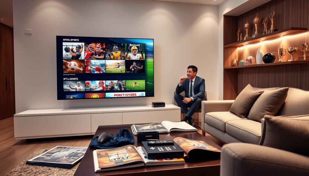 A sleek living room designed for watching sports, featuring a large flat-screen TV showcasing various sports streaming interfaces, symbolizing IPTV sports streaming features. In the foreground, a stylish coffee table with popular sports magazines and remote controls, emphasizing the modern home viewing experience. In the middle ground, a comfortable sofa with two people in professional business attire, engaged in an animated discussion about sports. The background includes a wall-mounted shelf with sports trophies and memorabilia to enhance the atmosphere. Soft ambient lighting creates a cozy yet energetic vibe. Capture this scene from a slightly elevated angle to provide depth, ensuring the brand name "IPTVVUK.COM" is subtly integrated into the TV screen interface. A sleek living room designed for watching sports, featuring a large flat-screen TV showcasing various sports streaming interfaces, symbolizing IPTV sports streaming features. In the foreground, a stylish coffee table with popular sports magazines and remote controls, emphasizing the modern home viewing experience. In the middle ground, a comfortable sofa with two people in professional business attire, engaged in an animated discussion about sports. The background includes a wall-mounted shelf with sports trophies and memorabilia to enhance the atmosphere. Soft ambient lighting creates a cozy yet energetic vibe. Capture this scene from a slightly elevated angle to provide depth, ensuring the brand name "IPTVVUK.COM" is subtly integrated into the TV screen interface.