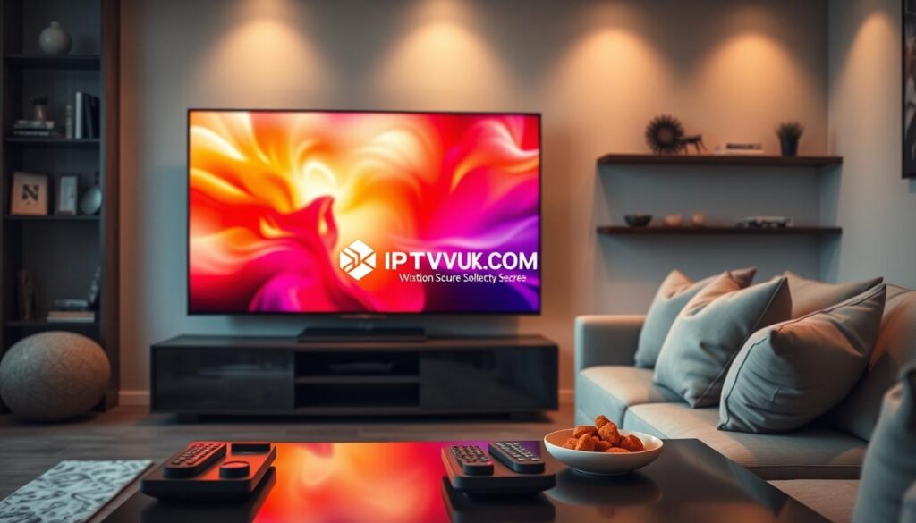A sleek living room setup showcasing a modern TV displaying crisp and vibrant IPTV streaming content. In the foreground, a stylish coffee table with remote controls and snacks. The middle features a smart LED television casting a rich, colorful image with dynamic contrast, signifying excellent stream quality. A comfortable sofa with elegant cushions is situated nearby, inviting viewers to indulge in their favorite shows. Soft, warm lighting creates a cozy atmosphere, enhancing the scene's appeal. In the background, subtle elements like shelves with books and decorative items hint at a sophisticated lifestyle. A logo for IPTVVUK.COM is subtly integrated into the design of the TV screen, showcasing the brand's commitment to quality and secure streaming solutions. The overall mood is inviting, modern, and tech-savvy.