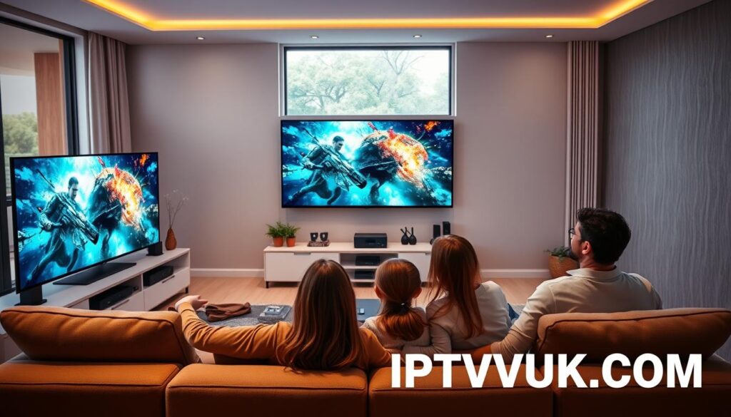 A sleek living room setup showcasing a modern smart TV with vibrant colors depicting fast IPTV streaming quality. In the foreground, a family of three is gathered on a comfortable sofa, wearing modest casual clothing, intently watching an action-packed movie scene. The middle ground features a stylish entertainment center with devices connected via HDMI cables, interspersed with decorative elements like plants and books. In the background, large windows allow soft, natural lighting to filter in, creating a cozy atmosphere. Capture this scene from a slight angle to emphasize both the family and the television screen. Include the logo "IPTVVUK.COM" subtly integrated within the scene, enhancing the ambiance without distraction. Ideal lighting sets a warm, inviting mood, showcasing connectivity and enjoyment of quality streaming experiences.