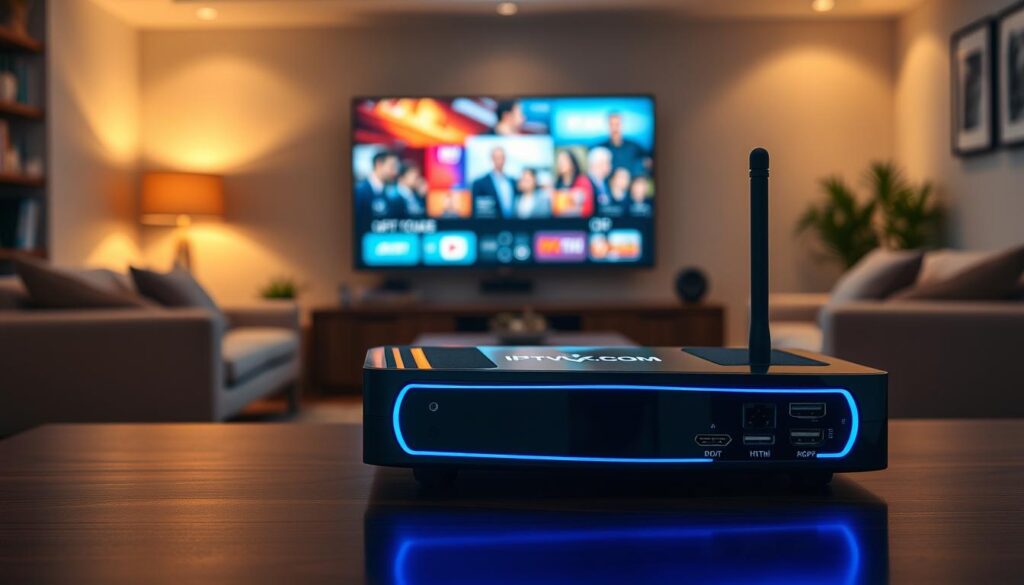 A sleek, modern IPTV device prominently displayed in the foreground, featuring a glossy black finish and blue LED lights, emphasizing its high-tech design. The device should have multiple input and output ports, showcasing its connectivity options, including HDMI and USB. In the middle ground, a stylish living room setting with a large flat-screen television displaying vibrant images, hinting at the power of IPTV services. Soft, warm lighting creates an inviting atmosphere, with shadows gently highlighting the device and furniture. The background consists of subtle decor elements, like a bookshelf and a comfortable sofa, conveying a homey feel. Focus on clarity and detail, capturing the essence of modern entertainment technology as used in everyday life. Include the brand name "IPTVVUK.COM" subtly on the device. A sleek, modern IPTV device prominently displayed in the foreground, featuring a glossy black finish and blue LED lights, emphasizing its high-tech design. The device should have multiple input and output ports, showcasing its connectivity options, including HDMI and USB. In the middle ground, a stylish living room setting with a large flat-screen television displaying vibrant images, hinting at the power of IPTV services. Soft, warm lighting creates an inviting atmosphere, with shadows gently highlighting the device and furniture. The background consists of subtle decor elements, like a bookshelf and a comfortable sofa, conveying a homey feel. Focus on clarity and detail, capturing the essence of modern entertainment technology as used in everyday life. Include the brand name "IPTVVUK.COM" subtly on the device.