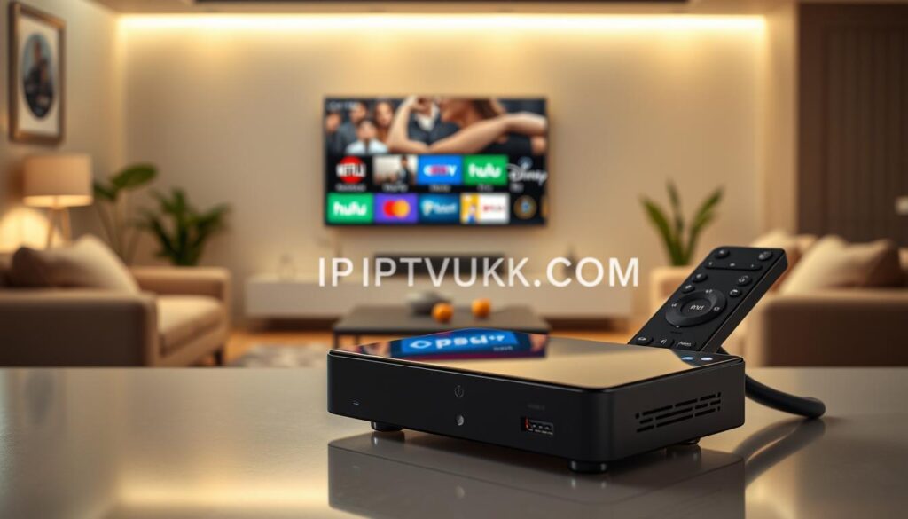A sleek, modern IPTV player device prominently displayed in the foreground, with its glossy finish reflecting soft ambient lighting, showcasing ports and remote control. In the middle ground, an array of popular streaming icons (like Netflix, Hulu, and Disney+) arranged in a visually appealing manner, emphasizing compatibility. The background features a stylish living room setting, with a large flat-screen TV mounted on the wall, streaming vibrant content. The atmosphere is inviting and tech-savvy, conveying a sense of modern home entertainment. The lighting is warm and bright, creating an appealing contrast against the darker tones of the IPTV player. Include the brand name "IPTVVUK.COM" subtly integrated into the design, enhancing the overall aesthetic without detracting from the main focus.