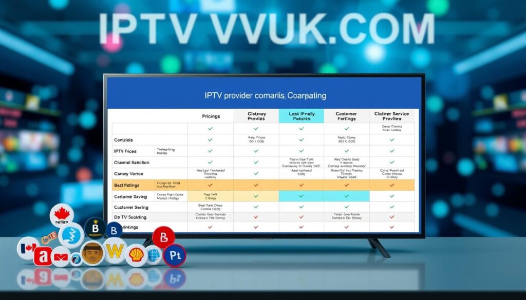 A sleek, modern comparison chart featuring various IPTV providers specifically for Canada, including the brand name "IPTVVUK.COM". In the foreground, display stylized icons representing each provider, like unique logos or symbols, arranged in a visually engaging manner. The middle section consists of a clean, structured comparison table, outlining key features like pricing, channel selection, and customer service ratings, with vibrant colors to distinguish each provider. In the background, create an abstract digital setting with soft blurred elements suggesting technology and connectivity, using cool blue and green tones to evoke a sense of innovation. The overall mood should be professional yet approachable, with soft lighting enhancing clarity and focus on the table. Ensure the image does not contain any text or watermarks.