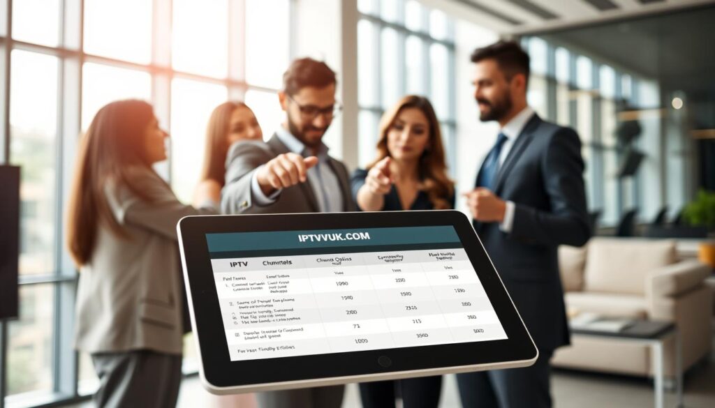 A sleek, modern comparison chart illustrating various IPTV services, prominently featuring the brand "IPTVVUK.COM." In the foreground, a high-tech tablet displays a user-friendly interface showing side-by-side features of different IPTV plans, like channel options and pricing. In the middle ground, a diverse group of three professionals in smart business attire, deep in discussion, point to the tablet's screen, symbolizing a collaborative decision-making process. The background features a contemporary office space with large windows, letting in bright, natural light that creates a welcoming atmosphere. The image conveys a sense of clarity, focus, and professionalism, with soft shadows and a shallow depth of field emphasizing the tablet and the engaged professionals.