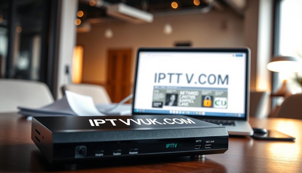 A sleek, modern digital device representing IPTV technology, prominently displaying the brand name "IPTVVUK.COM" on its screen in a professional setting. In the foreground, the device is placed on a stylish wooden desk, showcasing its buttons and ports, symbolizing connectivity and security. In the middle ground, there are scattered legal documents and a laptop open to online legal resources, emphasizing the theme of legal considerations. The background features a well-lit office space with subtle technological elements like fiber optic cables and security icons softly illuminated. The lighting is warm, creating a safe and inviting atmosphere, while maintaining a serious tone to reflect the legal aspect. The scene is captured using a shallow depth of field to focus on the IPTV device, suggesting sophistication and professionalism.