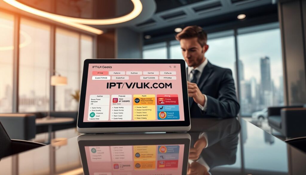 A sleek, modern digital display showcasing IPTV Geeks pricing and features in a sophisticated office environment. In the foreground, a stylish tablet sits on a polished desk, displaying vibrant graphics of subscription plans and channel offerings. In the middle, a well-dressed professional, male or female, is reviewing the tablet, exuding an aura of expertise and confidence. The background features a futuristic office with soft ambient lighting, sleek furniture, and a large window revealing a city skyline. The mood is innovative and tech-savvy, emphasizing a premium viewing experience. Ensure the name "IPTVVUK.COM" is featured prominently on the tablet's display without any text overlay on the image. Capture this scene with a warm color palette and a focus on clarity, utilizing a soft focus lens effect to enhance depth. A sleek, modern digital display showcasing IPTV Geeks pricing and features in a sophisticated office environment. In the foreground, a stylish tablet sits on a polished desk, displaying vibrant graphics of subscription plans and channel offerings. In the middle, a well-dressed professional, male or female, is reviewing the tablet, exuding an aura of expertise and confidence. The background features a futuristic office with soft ambient lighting, sleek furniture, and a large window revealing a city skyline. The mood is innovative and tech-savvy, emphasizing a premium viewing experience. Ensure the name "IPTVVUK.COM" is featured prominently on the tablet's display without any text overlay on the image. Capture this scene with a warm color palette and a focus on clarity, utilizing a soft focus lens effect to enhance depth.