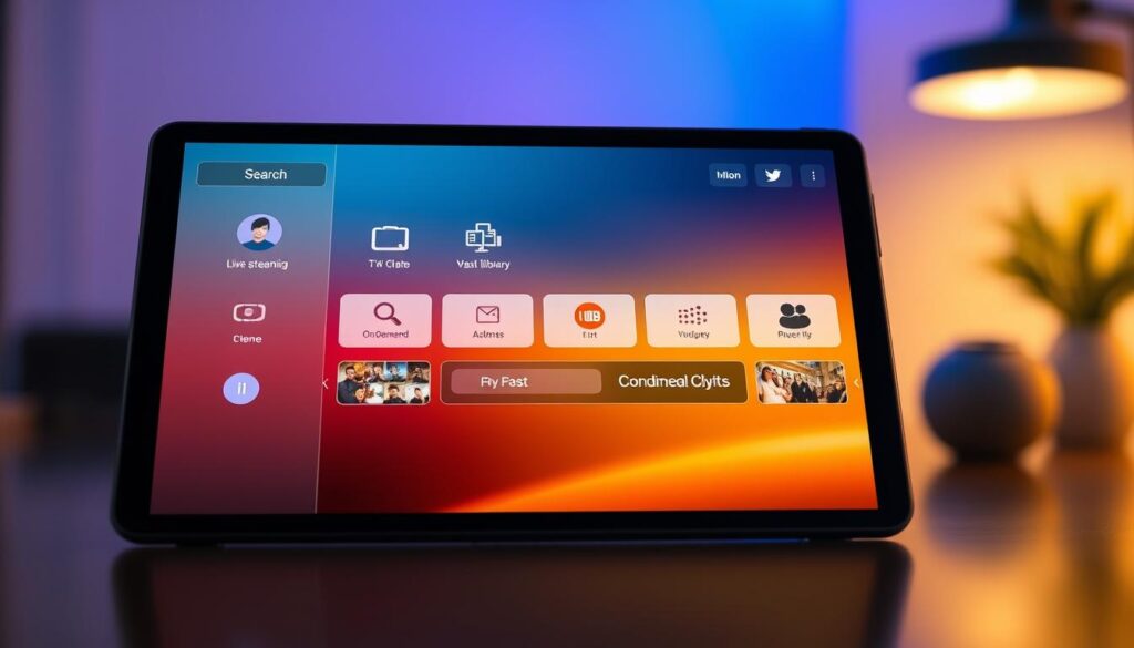 A sleek, modern digital interface showcasing the essential features of an IPTV app, designed for a vibrant, user-friendly experience. In the foreground, a tablet displays an intuitive layout featuring icons for live streaming, user profiles, and a vast library of on-demand content. The middle layer includes stylish buttons for search and menu options, all set against a subtle gradient background that evokes a tech-savvy atmosphere. In the background, soft, diffused lighting creates a warm ambiance, highlighting the tablet and enhancing the sleek design. The scene is shot from a slight angle to emphasize depth and invite viewers into the content browsing experience. The overall mood is dynamic and engaging, reflecting the cutting-edge capabilities of IPTVVUK.COM. The image should be clear and polished, perfect for illustrating modern IPTV app functionalities, with no text or watermarks.