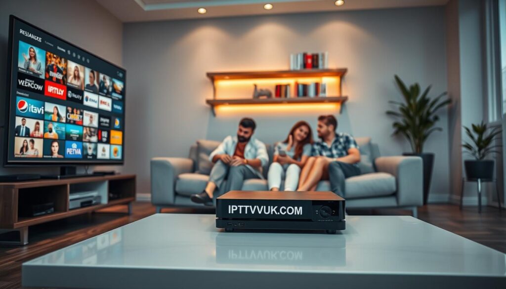 A sleek, modern digital living room scene, showcasing a large, high-definition TV displaying a diverse array of IPTV channels. The foreground features a stylish coffee table with an IPTV device prominently displaying the logo "IPTVVUK.COM". In the middle ground, a family of four—dressed in professional casual attire—sits comfortably on a contemporary couch, enjoying their viewing experience. The background is softly lit, with warm ambient lighting highlighting a wall-mounted shelf filled with technology books and a potted plant, creating a cozy yet professional atmosphere. The scene conveys reliability and comfort, emphasizing the blend of technology and family entertainment in a safe and welcoming environment.
