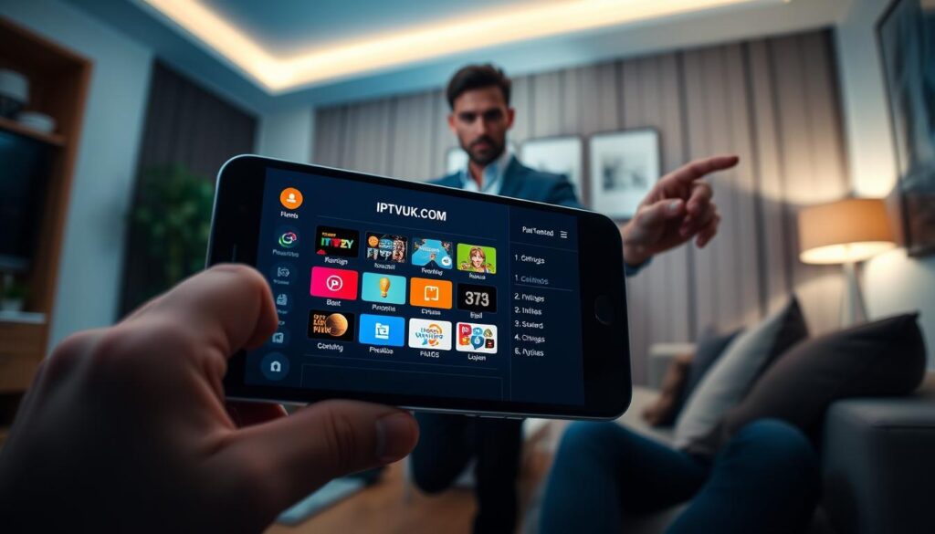 A sleek, modern interface showcasing advanced EPG features of IPTV streaming, prominently featuring the brand name "IPTVVUK.COM." In the foreground, a smartphone screen displays a rich, interactive TV guide with vibrant icons and customizable options, highlighting personalization settings. In the middle ground, a stylish, professional user attentively navigates the interface, dressed in smart casual attire, exuding a sense of ease and control. The background features a soft-focus living room environment with ambient lighting, creating a cozy yet tech-savvy atmosphere. The mood is dynamic and engaging, with shadows adding depth and a hint of sophistication, captured from a low angle to give prominence to the screen while creating an inviting perspective of advanced digital technology.