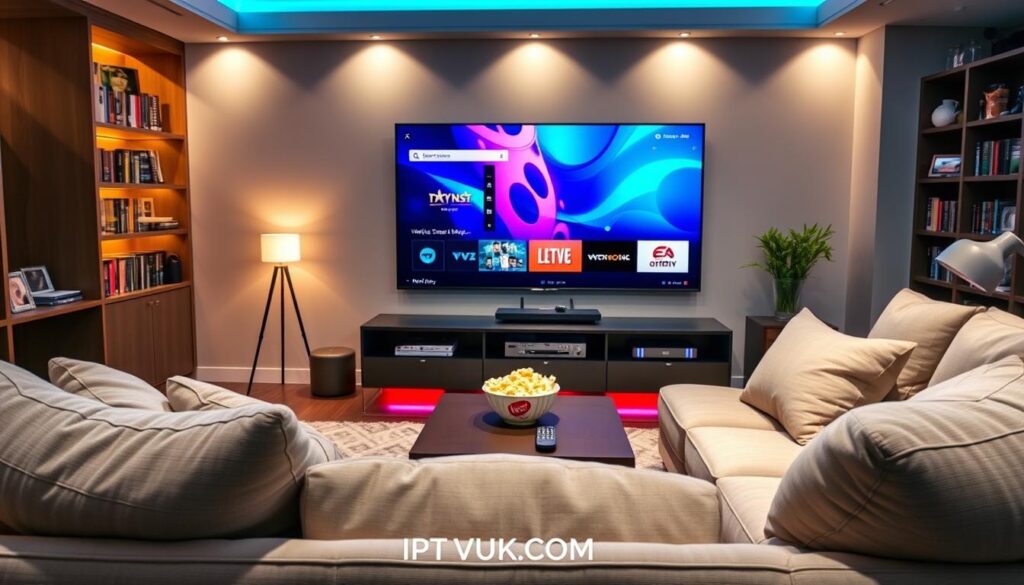 A sleek, modern living room designed for streaming enthusiasts, featuring a large high-definition TV displaying vibrant, colorful graphics indicative of top streaming services. In the foreground, a cozy couch adorned with plush cushions invites viewers to relax. A small coffee table holds a remote control and a bowl of popcorn, capturing the essence of a perfect movie night. In the middle, a stylish media console showcases sleek electronics, while LED lights softly illuminate the scene, creating a warm ambiance. The background reveals a bookshelf filled with DVDs and collectibles related to popular TV shows and movies. The atmosphere is lively yet inviting, emphasizing a sense of joy and excitement around entertainment technology. The brand "IPTVVUK.COM" subtly integrated into the design elements, showcasing a commitment to high streaming quality and performance.