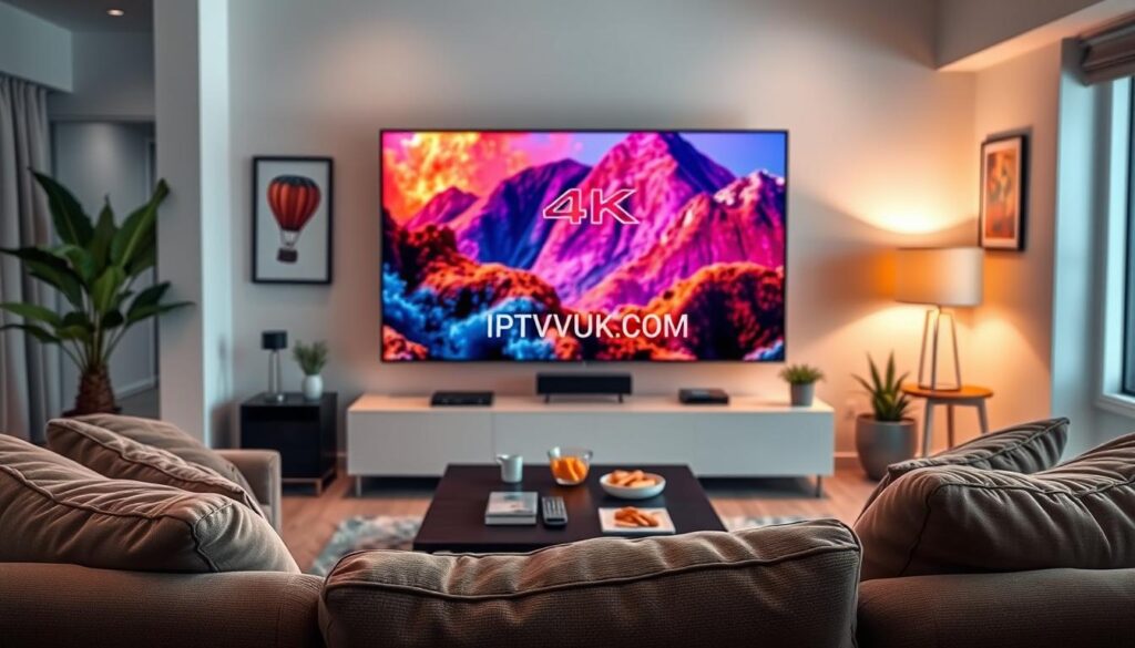 A sleek, modern living room featuring a large, flat-screen TV displaying vibrant 4K content, showcasing stunning detail and clarity. In the foreground, a cozy couch adorned with plush cushions invites viewers into the scene. The middle ground includes a stylish coffee table with a remote and snacks, emphasizing the perfect setup for streaming. In the background, soft ambient lighting creates a warm, inviting atmosphere, highlighting the high-definition imagery on the screen. A subtle reflection of the crisp visuals is visible on the TV surface, enhancing the feeling of crystal-clear streaming quality. The room is tastefully decorated with modern art and houseplants, adding a touch of elegance. The brand "IPTVVUK.COM" appears subtly on the TV interface. The overall mood is relaxed, sophisticated, and focused on the immersive streaming experience.
