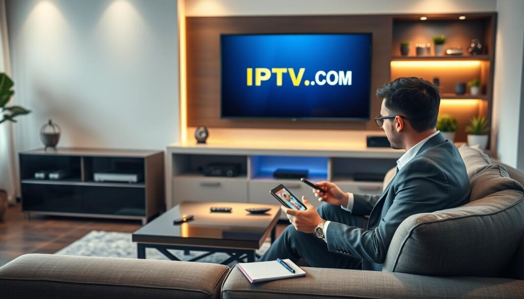 A sleek, modern living room scene showcasing a polished entertainment unit with a high-definition television displaying the IPTVVUK.COM logo prominently. In the foreground, a professional-looking person in smart casual attire sits comfortably on a plush sofa, engrossed in streaming content on a tablet. The middle layer features a stylish coffee table with remote controls and a notepad, symbolizing a casual yet tech-savvy environment. The background includes shelves with tech gadgets and plants, bathed in warm, inviting lighting that creates a homely atmosphere. The overall mood conveys the ease and accessibility of IPTV streaming while subtly hinting at the importance of legal considerations in tech usage. The lens captures the scene from a slightly elevated angle, focusing on the interaction between the viewer and the device.