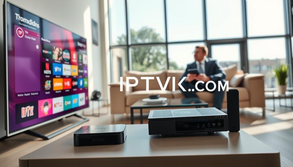 A sleek, modern living room scene showcasing various IPTV devices on a stylish entertainment unit. In the foreground, a high-resolution smart TV displays an IPTV interface with colorful channel icons. A streaming box, tablet, and smartphone are neatly placed nearby, showcasing device compatibility. The middle ground captures a comfortable couch with two individuals in professional business attire, discussing device setup with focused expressions. In the background, large windows allow natural light to filter in, creating a warm and inviting atmosphere. The scene is well-lit with soft shadows, emphasizing the connected lifestyle around IPTV technology. Include the brand name "IPTVVUK.COM" subtly integrated into the environment, perhaps on a device screen or as part of the decor.