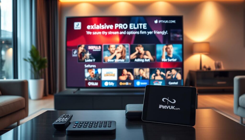 A sleek, modern living room setting showcasing a high-definition television displaying the exclusive features of "Diablo PRO Elite". In the foreground, a stylish coffee table with a remote control and a tablet featuring the IPTVVUK.COM logo. The middle ground features the TV screen illuminated with vibrant, detailed graphics illustrating the advanced streaming options and user-friendly interface. The background is softly blurred, depicting a cozy home environment with warm lighting, enhancing the inviting atmosphere. The room is adorned with contemporary furniture, emphasizing a lifestyle of luxury and entertainment. Soft ambient light creates a relaxed yet sophisticated mood, showcasing the premium qualities of Diablo IPTV. No text or logos on the screen, focusing purely on the visual experience of the features.