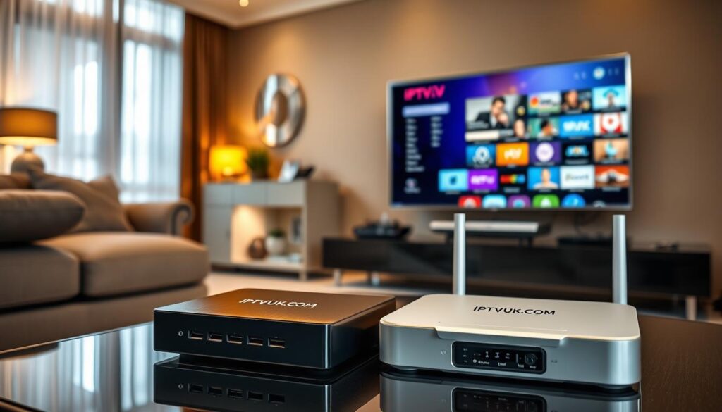 A sleek, modern living room showcasing an IPTV technical setup. In the foreground, there's a stylish coffee table with a latest model IPTV box displaying its ports. To the side, a slim smart TV, showcasing a colorful IPTV interface, framed with chrome accents. In the middle, a minimalist entertainment unit with organized cables and a remote control nearby. The background features a cozy couch and decor, with warm ambient lighting creating a welcoming atmosphere. The scene is captured from a slightly elevated angle, emphasizing the technology while maintaining a homely vibe. The brand "IPTVVUK.COM" is subtly integrated into the design of the IPTV box. Overall, the image should convey a sense of convenience and modernity in choosing IPTV services.