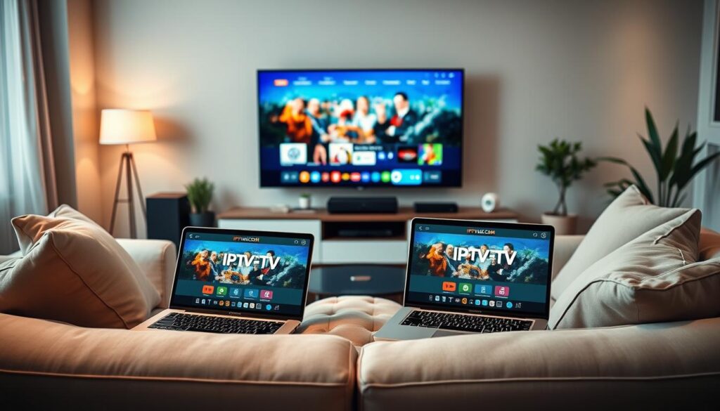 A sleek modern living room showcasing various IPTV devices on a stylish entertainment center, with a large flat-screen TV at the center, displaying vibrant streaming content. In the foreground, a laptop and a tablet lie open, both showing the IPTVVUK.COM interface. The middle emphasizes the cozy seating arrangement with plush couches and ambient lighting creating a welcoming atmosphere. Soft, warm light filters through the window, casting gentle shadows. The background features minimalist decor, such as a bookshelf and potted plants, enhancing the modern aesthetic. The mood is inviting and tech-savvy, perfect for illustrating the concept of fast IPTV services tailored for user needs. The overall composition should focus on clarity and professionalism, avoiding any text or branding beyond IPTVVUK.COM.