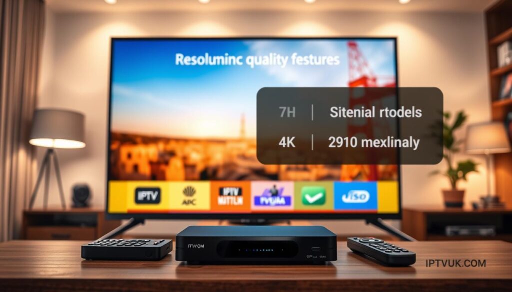 A sleek, modern setup showcasing various IPTV streaming quality options. In the foreground, a high-definition television displaying a vibrant user interface with resolution choices like 720p, 1080p, and 4K prominently illustrated. Surround the TV with tech gadgets such as a streaming device and remote control, emphasizing advanced features. The middle background features a cozy living room ambiance with soft, warm lighting casting a gentle glow, enhancing the inviting atmosphere. In the distance, blurred options for pricing and subscription models subtly appear as abstract shapes, hinting at decision-making. The overall mood is professional and informative, conveying the essence of IPTVVUK.COM, grounded in a contemporary aesthetic. The image should have a clear focus and clean composition, with no text or overlays, maintaining a polished look suitable for a feature article.