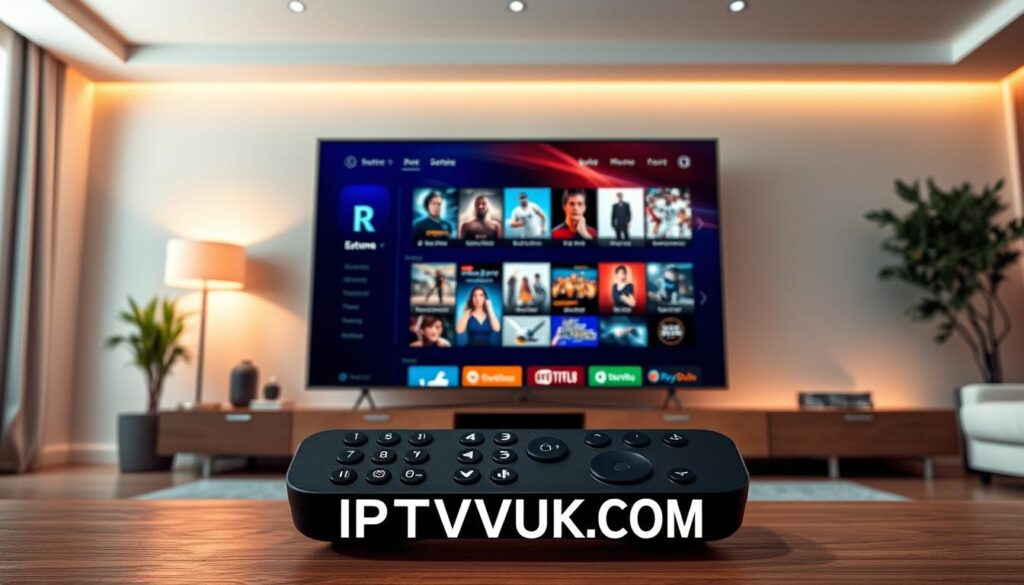 A sleek, modern user interface design for IPTV Extreme customization options, showcasing vibrant thumbnails of various streaming content including movies and sports. The foreground highlights a user interface on a large, high-definition television screen, displaying intuitive navigation menus and customizable settings. In the middle ground, a stylish remote control sits elegantly, featuring customizable buttons, with a warm glow emanating from the screen. The background features a minimalist living room with soft, ambient lighting creating a cozy atmosphere, ideal for streaming enthusiasts. Use a wide-angle lens perspective to capture the entire scene, giving it an inviting feel. Emphasize the brand "IPTVVUK.COM" subtly at the bottom of the interface, blending seamlessly into the design without disrupting the overall aesthetic.