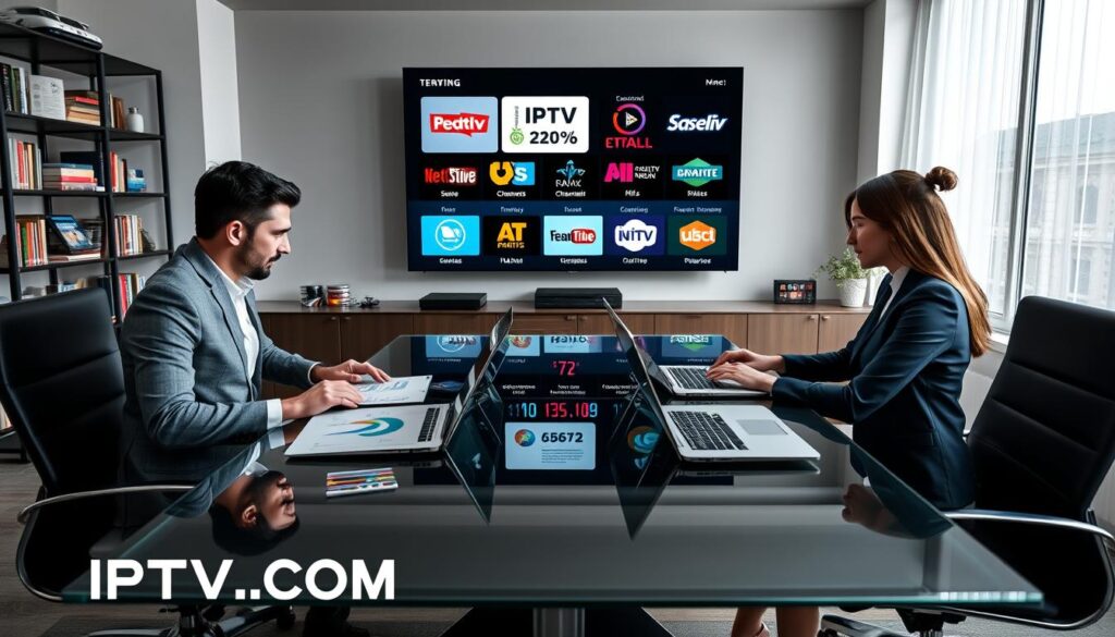 A sleek, modern workspace showcasing a detailed IPTV service comparison. In the foreground, a professional male and female in business attire are seated at a contemporary glass table with laptops open, analyzing data. On the table, charts and graphs illustrate aspects of different IPTV services such as pricing, channels, and features. The middle ground features a large wall-mounted screen displaying vibrant IPTV logos and statistics. The background includes shelves filled with tech books and a large window letting in soft, natural light, creating a bright atmosphere. The mood is focused and informative, emphasizing the decision-making process for choosing an IPTV service. Include the brand name “IPTVVUK.COM” in a subtle, integrated way within the workspace decor, ensuring it does not distract from the main focus. A sleek, modern workspace showcasing a detailed IPTV service comparison. In the foreground, a professional male and female in business attire are seated at a contemporary glass table with laptops open, analyzing data. On the table, charts and graphs illustrate aspects of different IPTV services such as pricing, channels, and features. The middle ground features a large wall-mounted screen displaying vibrant IPTV logos and statistics. The background includes shelves filled with tech books and a large window letting in soft, natural light, creating a bright atmosphere. The mood is focused and informative, emphasizing the decision-making process for choosing an IPTV service. Include the brand name “IPTVVUK.COM” in a subtle, integrated way within the workspace decor, ensuring it does not distract from the main focus.