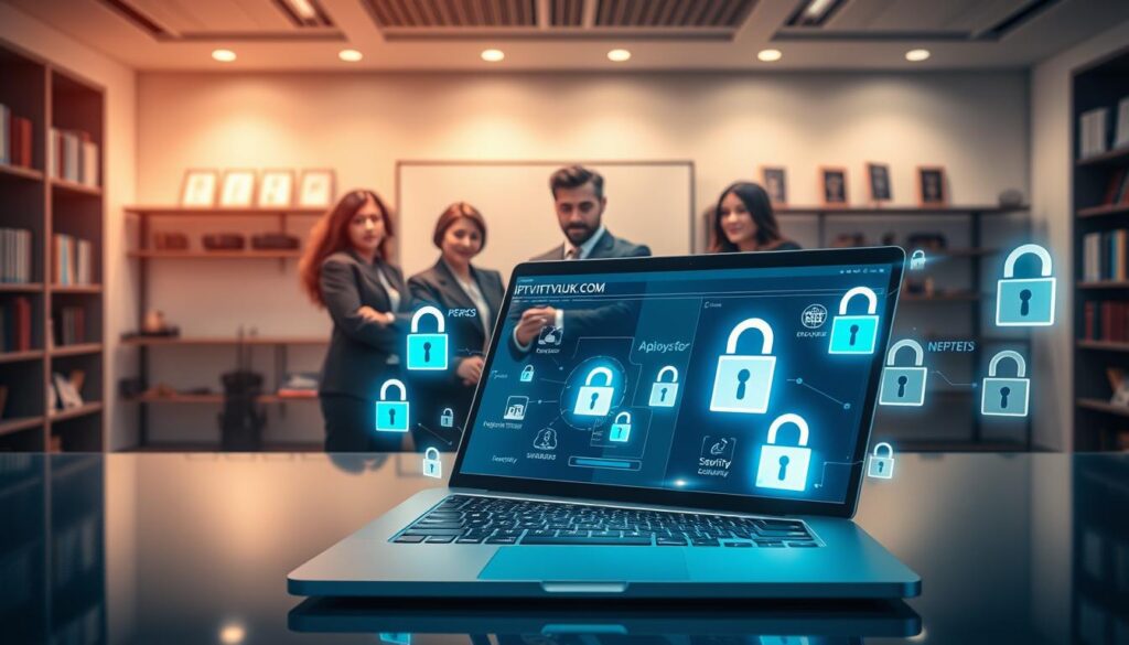 A sophisticated digital scene illustrating "IPTV security measures" for an article on IPTV Apps. In the foreground, a sleek laptop displaying a security dashboard with encrypted data visuals, surrounded by virtual padlocks and firewalls to symbolize security. In the middle, a diverse group of professionals in business attire discussing IPTV security analysis, with expressions of focus and concern. The background features a modern office space with soft, diffused lighting to create a professional atmosphere, and shelves lined with technology books and awards related to cybersecurity. The overall mood is one of vigilance and seriousness in protecting digital content. Include branding elements like "IPTVVUK.COM" subtly within the tech graphics.