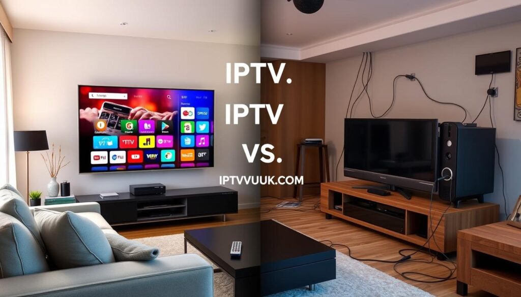 A split-screen image illustrating "IPTV vs. Traditional Cable". On the left side, depict a modern living room with sleek furniture, a large flat-screen TV displaying the IPTV interface, featuring vibrant colors and dynamic menus. Include a remote control on the coffee table, with a cozy atmosphere; soft, warm lighting creates a welcoming mood. On the right side, show an older room with traditional cable setup: a bulky TV with an antiquated design, tangled wires, and a cable box visible. The background should subtly differentiate—contemporary decor on the left, more dated elements on the right. Capture the contrast between these technologies with a smooth gradient effect in the center where the two worlds meet. Include the brand name "IPTVVUK.COM" subtly integrated into the IPTV side, maintaining a professional look.