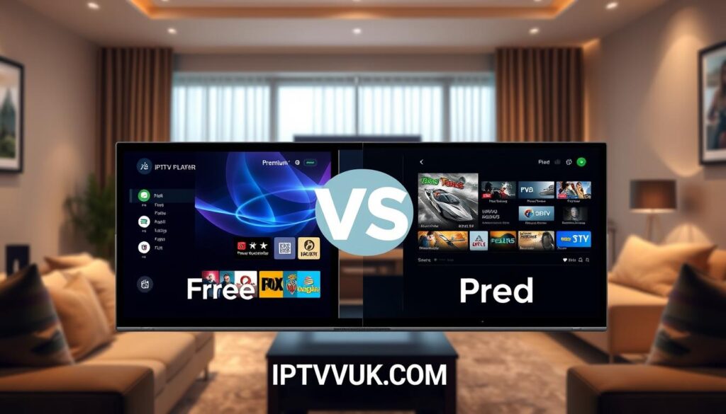 A split-screen image illustrating the comparison between free and paid IPTV players, featuring a sleek modern design. In the foreground, a high-resolution tablet or smart TV displays the interface of a premium IPTV player on one side, showcasing vibrant graphics and smooth navigation. On the opposing side, a free IPTV player interface is visible, with more basic features and simpler graphics. The middle ground includes subtle visual cues, such as price tags or rating stars, indicating the differences in quality. The background features a cozy living room setting with soft, warm lighting that enhances the inviting atmosphere, reflecting a typical user experience. No people are present, focusing solely on the device interfaces. The brand name "IPTVVUK.COM" is subtly incorporated into the design elements, maintaining a professional look without text overlays.