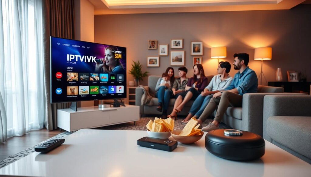 A stylish living room setting showcasing a sleek smart TV displaying IPTVVUK.COM's interface. In the foreground, a modern coffee table with a remote control and snacks, creating a cozy atmosphere. The middle ground features a comfortable sofa with a family or group of friends watching the screen, all dressed in casual but neat clothing, emphasizing a relaxed viewing experience. The background includes warm ambient lighting from floor lamps, with decorative elements like plants and picture frames, enhancing the homey feel. The scene captures an inviting and engaging ambiance, signifying the joy of streaming various IPTV options. The overall mood is vibrant and dynamic, illustrating the contemporary essence of IPTV streaming services.