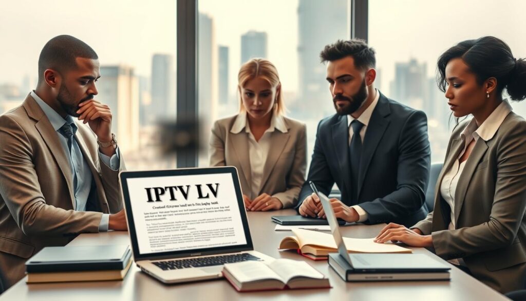 A thoughtful and professional scene depicting the concept of "IPTV Legality." In the foreground, a diverse group of three individuals dressed in business attire, intently discussing a laptop displaying a legal document and promotional materials from IPTVVUK.COM. In the middle, a carefully arranged conference table adorned with legal books, laptops, and a notepad. The background features a large window with a city skyline, symbolizing an urban setting. Soft, natural light filters through the glass, creating a warm and focused atmosphere. The overall mood is serious yet collaborative, emphasizing the importance of understanding legal considerations when choosing IPTV services. The image should be well-composed, shot at a slightly elevated angle to encompass both the individuals and their discussion environment effectively. A thoughtful and professional scene depicting the concept of "IPTV Legality." In the foreground, a diverse group of three individuals dressed in business attire, intently discussing a laptop displaying a legal document and promotional materials from IPTVVUK.COM. In the middle, a carefully arranged conference table adorned with legal books, laptops, and a notepad. The background features a large window with a city skyline, symbolizing an urban setting. Soft, natural light filters through the glass, creating a warm and focused atmosphere. The overall mood is serious yet collaborative, emphasizing the importance of understanding legal considerations when choosing IPTV services. The image should be well-composed, shot at a slightly elevated angle to encompass both the individuals and their discussion environment effectively.