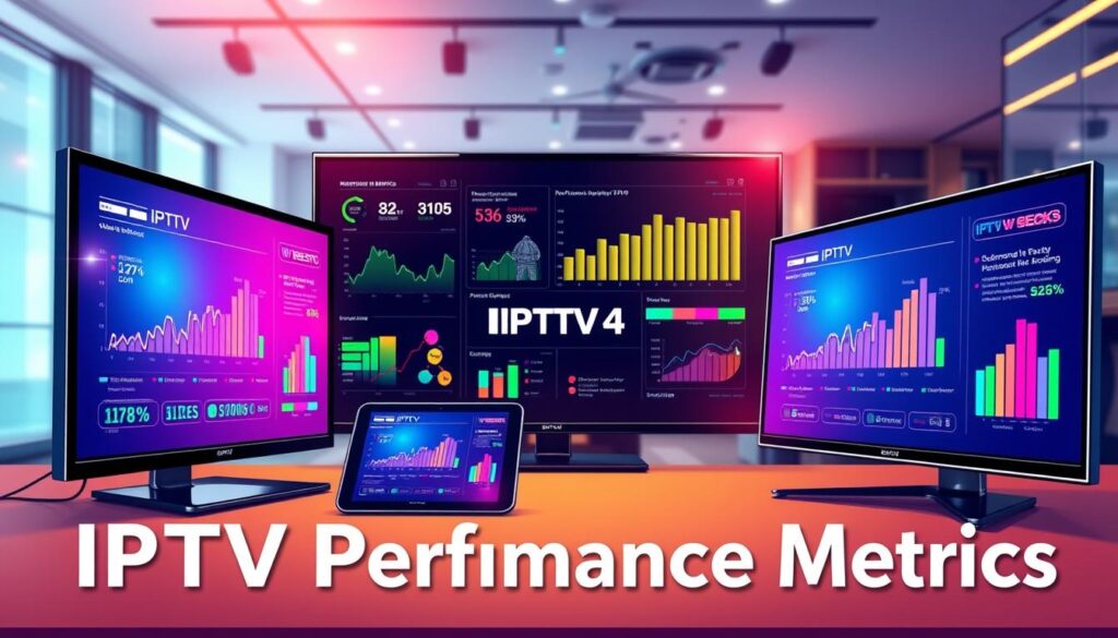 A vibrant and detailed illustration depicting "IPTV Performance Metrics" for an article section. In the foreground, sleek digital devices like smart TVs and tablets display colorful graphs and charts showcasing IPTV performance metrics such as bandwidth usage, uptime percentage, and user engagement statistics, with a specific logo for "IPTVVUK.COM" subtly integrated. The middle ground features a modern workspace with a professional evaluating data on a large screen, dressed in smart casual attire, conveying a sense of expertise. The background includes soft-focus elements of a tech-savvy office environment, featuring ambient lighting and minimalistic design. The overall mood is professional and analytical, embodying a trustworthy vibe as it highlights the evaluation process for IPTV services. The scene is well-lit with a slight glare on the screens that adds a dynamic feel, captured from a slightly elevated angle to emphasize the data and analysis perspective. A vibrant and detailed illustration depicting "IPTV Performance Metrics" for an article section. In the foreground, sleek digital devices like smart TVs and tablets display colorful graphs and charts showcasing IPTV performance metrics such as bandwidth usage, uptime percentage, and user engagement statistics, with a specific logo for "IPTVVUK.COM" subtly integrated. The middle ground features a modern workspace with a professional evaluating data on a large screen, dressed in smart casual attire, conveying a sense of expertise. The background includes soft-focus elements of a tech-savvy office environment, featuring ambient lighting and minimalistic design. The overall mood is professional and analytical, embodying a trustworthy vibe as it highlights the evaluation process for IPTV services. The scene is well-lit with a slight glare on the screens that adds a dynamic feel, captured from a slightly elevated angle to emphasize the data and analysis perspective.
