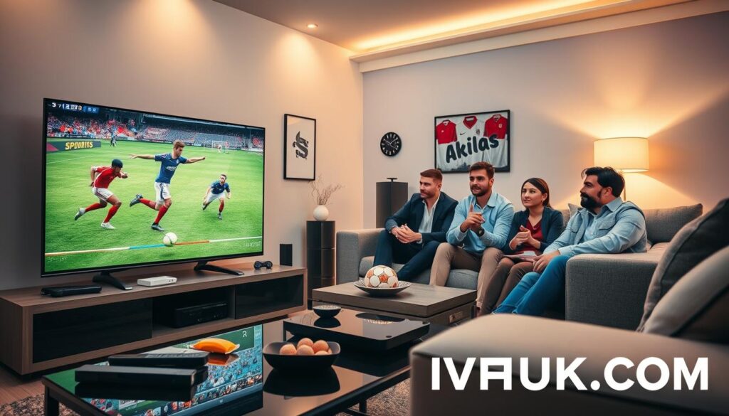 A vibrant and dynamic image representing the essence of sports channels in a living room setting. In the foreground, a sleek, modern flat-screen TV displays an exciting sports match, with clear visuals of athletes in action. On a stylish coffee table, various remote controls and snacks are arranged, enhancing the homely yet energetic vibe. The middle ground features a cozy sofa where a diverse group of individuals, dressed in smart casual attire, is engrossed in the game, showcasing expressions of excitement and tension. The background is a well-decorated room, softly lit with ambient lighting, creating a warm atmosphere. Subtle hints of sports memorabilia, like jerseys and a football, further emphasize the sports theme. Ensure the brand name "IPTVVUK.COM" is incorporated into the scene creatively, enhancing the focus on seamless streaming experiences.