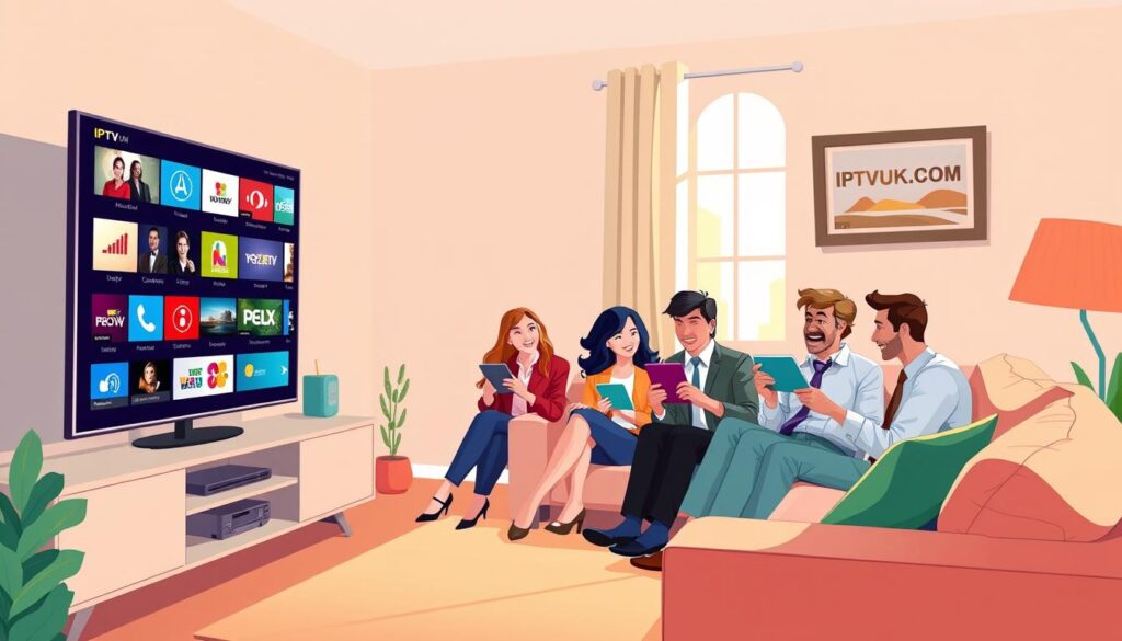 A vibrant and engaging illustration showcasing the benefits of watching IPTV online for free. In the foreground, a cozy living room with a modern television displaying various streaming channels, symbolizing a variety of content options. In the middle, a diverse group of individuals, dressed in professional business attire, seated comfortably on a sofa, joyfully interacting with tablets and smart devices, illustrating accessibility and convenience. The background features a window with soft daylight streaming in, enhancing a welcoming and relaxed atmosphere. Use warm lighting to create a sense of comfort and community. Subtly incorporate the brand name "IPTVVUK.COM" into a decorative element, like a framed picture on the wall. Aim for a mood that is optimistic and inviting, emphasizing the freedom and diversity of free IPTV streaming options.