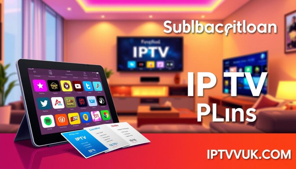 A vibrant and informative illustration depicting IPTV Subscription Plans. In the foreground, showcase a sleek, modern tablet displaying a grid of colorful IPTV channel icons. Layer in various subscription plan cards, each symbolizing different pricing tiers, arranged aesthetically beside the tablet. The middle ground features a stylish living room setting, with a comfortable couch and ambient lighting, exuding a cozy atmosphere. In the background, a flat-screen TV displays a digital IPTV interface, enhancing the tech-savvy vibe. Use warm lighting to create an inviting ambiance, while ensuring sharp focus on the tablet and subscription cards. The overall mood should communicate accessibility and innovation, highlighting the brand “IPTVVUK.COM” subtly in the design elements without text.