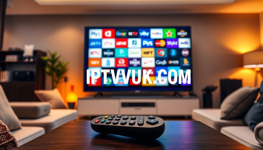 A vibrant and modern living room scene showcasing various IPTV channels on a large flat-screen TV. In the foreground, a sleek remote control sits atop a stylish coffee table, surrounded by comfortable seating with plush cushions. The middle layer features the TV displaying a colorful array of iconic IPTV channel logos, symbolizing variety and entertainment. In the background, soft ambient lighting enhances the cozy atmosphere of the room, with warm tones and stylish decor that evoke a sense of comfort and tech-savviness. The room is well-organized, reflecting a contemporary lifestyle. The logo "IPTVVUK.COM" subtly integrated in the scene as part of the TV screen display, ensuring a professional and polished appearance. The overall mood is inviting and engaging, perfect for illustrating essential IPTV features.