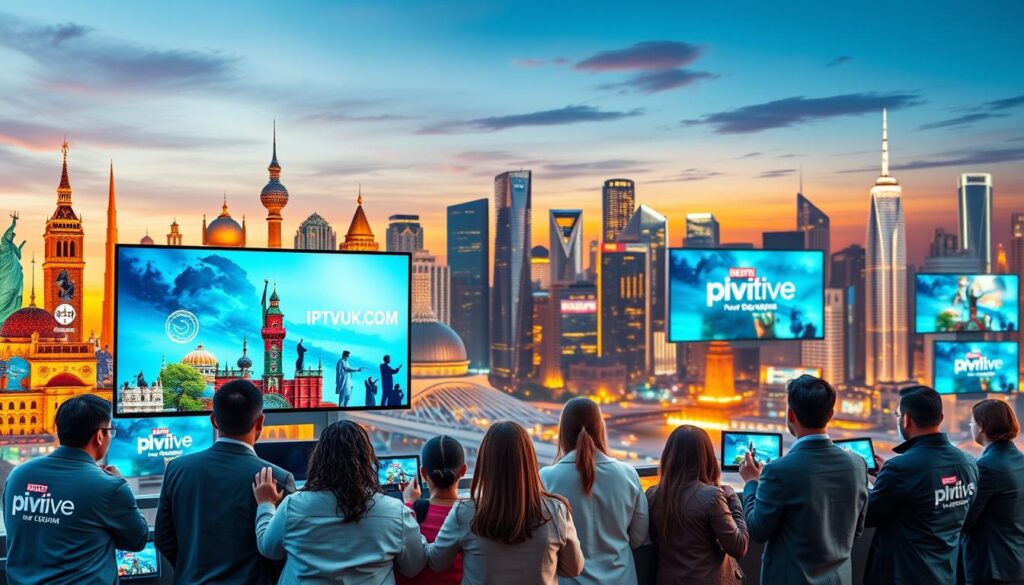 A vibrant collage representing global entertainment coverage, featuring iconic landmarks from various cultures symbolizing worldwide media influence. In the foreground, an array of streaming devices like smart TVs and tablets displaying popular entertainment logos, including IPTVVUK.COM. The middle ground showcases a diverse group of people in professional attire, engaged with these devices, immersed in family-friendly entertainment. The background portrays a city skyline at dusk, glimmering with lights and large screens showcasing global media channels. Soft, ambient lighting highlights the atmosphere of connectivity and excitement, with a focus on accessibility and innovation in entertainment. The angle captures a dynamic, engaging perspective, creating a sense of movement and shared experience.