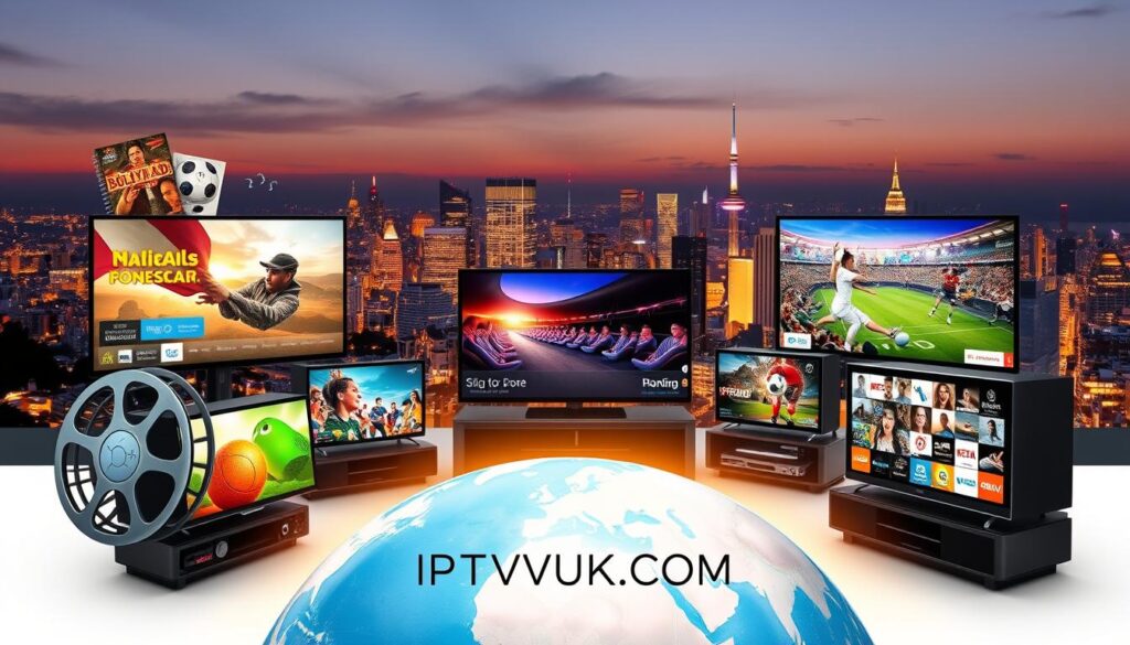 A vibrant digital collage representing International IPTV Channels, featuring a globe in the foreground surrounded by iconic symbols of multicultural entertainment, such as a Bollywood film reel, a Korean drama poster, and European sporting events. The middle ground should showcase modern televisions streaming diverse channels, with a mix of genres such as news, sports, and movies. In the background, a stylized city skyline reflects places from around the globe, bathed in warm evening light, creating a welcoming and dynamic atmosphere. The overall mood is exciting and inclusive, reflecting the richness of global content. Use a high-angle view for depth, ensuring clarity in all elements. Elements should be sharp and colorful, with no text or logos but the brand name "IPTVVUK.COM" subtly incorporated in the design.