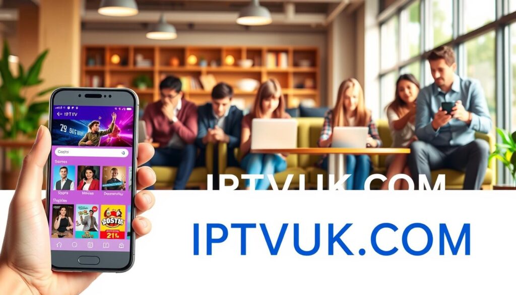 A vibrant illustration showcasing the benefits of using IPTV on mobile devices. In the foreground, a modern smartphone displaying a colorful interface of streaming options, highlighting various genres such as sports, movies, and documentaries. In the middle ground, a diverse group of people, dressed in smart casual attire, comfortably using their phones and sharing their experiences. They are seated in a cozy café setting with laptops and coffee cups. The background features a bright and inviting environment with soft natural light streaming through large windows. Emphasize a warm and engaging atmosphere, illustrating connectivity and enjoyment. Include the brand name "IPTVVUK.COM" subtly integrated into the scene. Use a slightly blurred depth of field to focus on the mobile device and users while maintaining a lively background. A vibrant illustration showcasing the benefits of using IPTV on mobile devices. In the foreground, a modern smartphone displaying a colorful interface of streaming options, highlighting various genres such as sports, movies, and documentaries. In the middle ground, a diverse group of people, dressed in smart casual attire, comfortably using their phones and sharing their experiences. They are seated in a cozy café setting with laptops and coffee cups. The background features a bright and inviting environment with soft natural light streaming through large windows. Emphasize a warm and engaging atmosphere, illustrating connectivity and enjoyment. Include the brand name "IPTVVUK.COM" subtly integrated into the scene. Use a slightly blurred depth of field to focus on the mobile device and users while maintaining a lively background.
