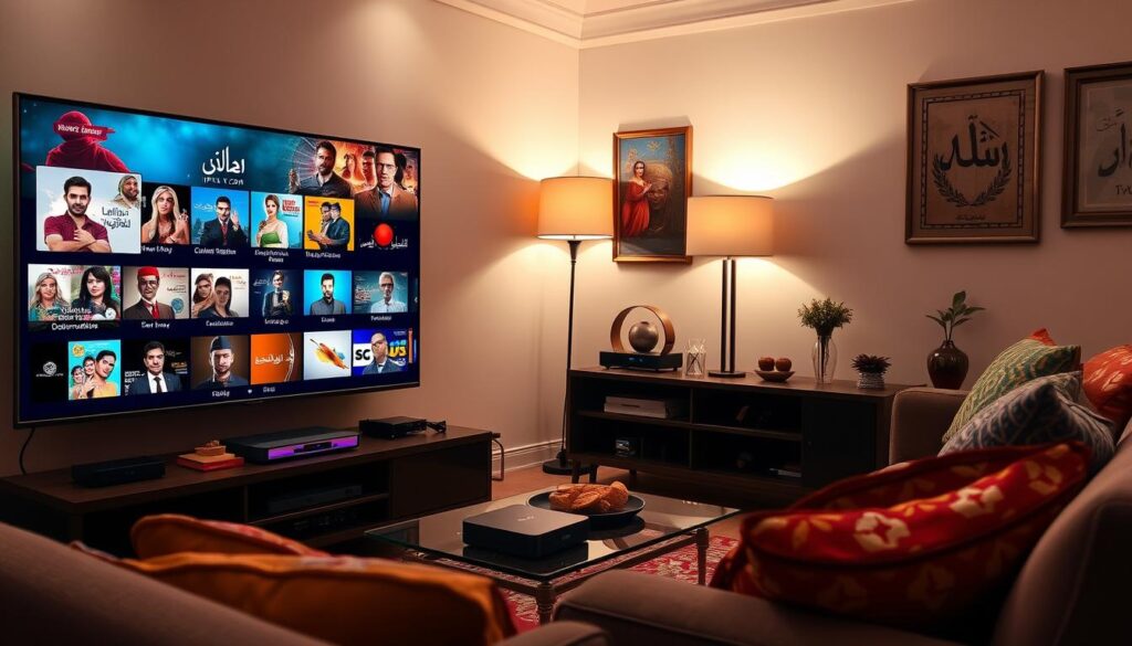 A vibrant living room scene showcasing a modern Arabic IPTV streaming setup. In the foreground, a sleek television displays an array of movie and series thumbnails featuring diverse Arabic content, including drama, comedy, and documentaries. A cozy couch is adorned with colorful cushions, and a small coffee table with Arabic snacks sits nearby. In the middle ground, a stylish entertainment stand houses a streaming device labeled “IPTVVUK.COM.” Soft, warm lighting from a standing lamp creates a welcoming atmosphere. The background features a tasteful decor with Arabic artwork and decorative elements that reflect cultural richness. The overall mood is inviting and lively, celebrating the variety of Arabic channels and content available for streaming in the US.